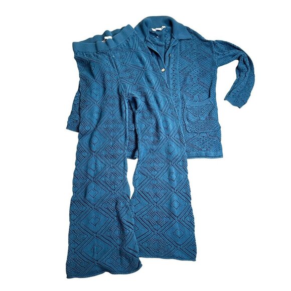 Free People Beach Med Get Away Fauxchet Cardi & Pant 2 Piece Set Peacock Plume - Picture 2 of 10